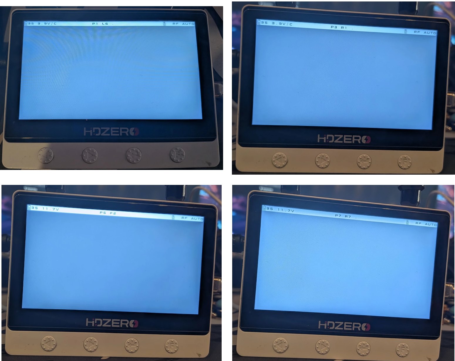 HDZero Monitor showing Favorites slots P1 L6, P3 R1, P5 F2 and P7 R7