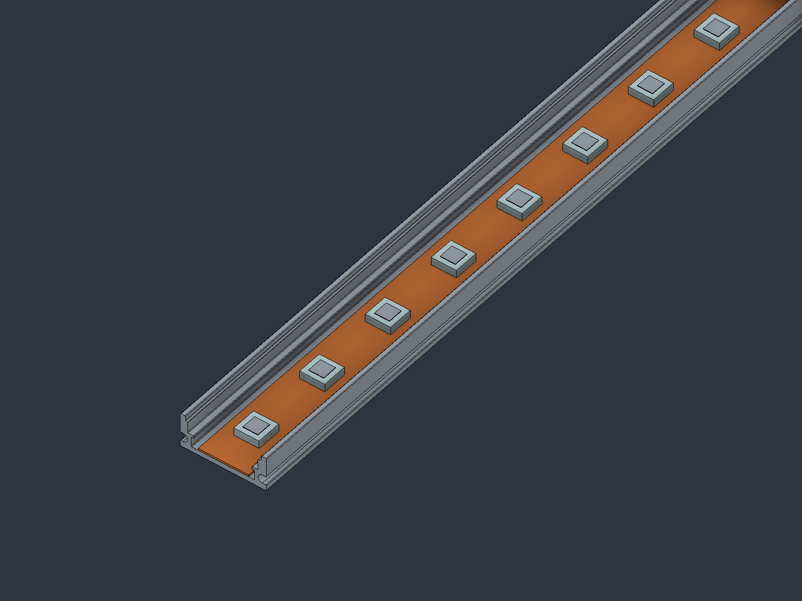 LED strip inside the U rail — Thin PCB and 5050 packages on the original LED bed; 16.67 mm spacing represents 60 LEDs per meter.